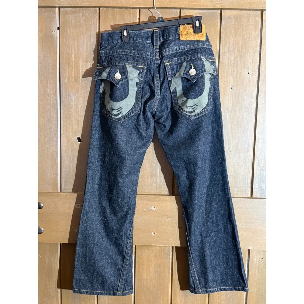True Religion World Tour Joey Bootcut Jeans Mens 33x30 Dark Wash Flap Pocket USA